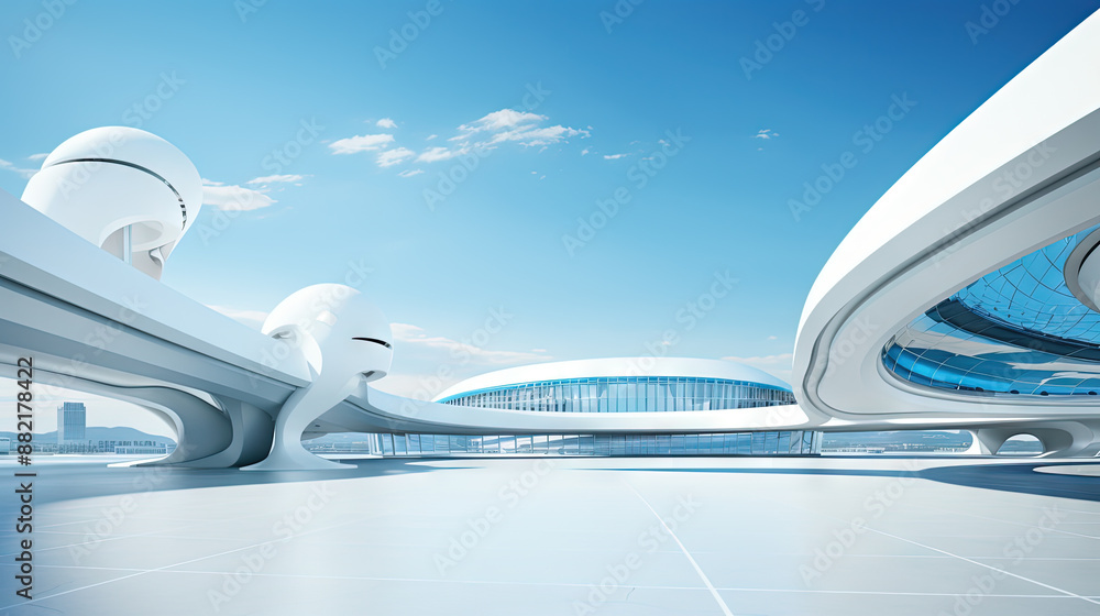 Poster Abstract architecture scene with smooth curves. Abstract background with futuristic building in white and blue colors.