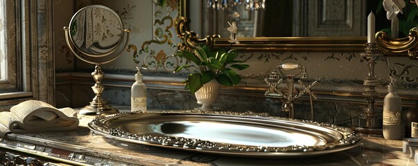 Extravagant bathroom with an empty silver vanity tray.