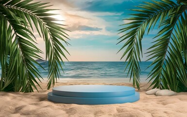 Sunny Beach Podium Display: A sleek white podium standing on golden sand with the ocean waves gently crashing in the background, under a bright, sunny sky.