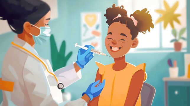 Illustration smiling girl receives vaccine from masked nurse healthcare worker, National Immunization Awareness Month - Powered by Adobe