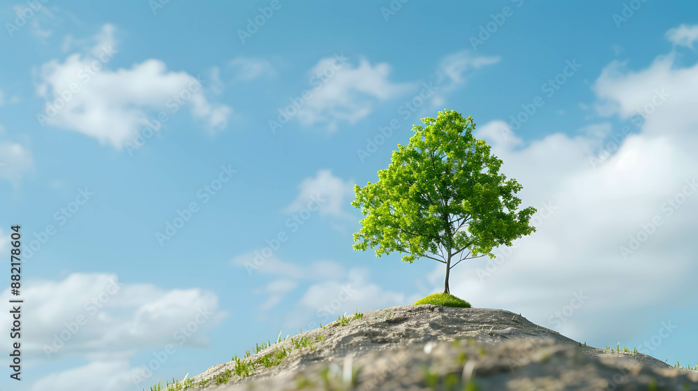 Wall mural Wallpaper with a tree or plant growing from a seed, symbolizing the growth and achievement of goals, planning and setting goals for growth, thinking about the future