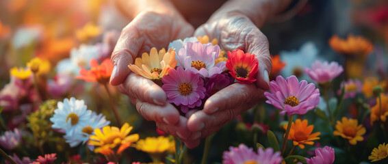 Elderly Hands Holding Flowers: Wrinkled Fingers Gently Grasping Colorful Blooms, Symbolizing Grace And Timeless Beauty