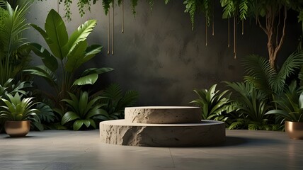 Tropical Jungle Podium: A 3D green podium surrounded by dense, vibrant jungle foliage and exotic plants, creating a lush, natural platform for product display