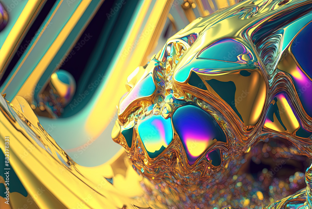 Poster Abstract background with colorful fractals. Surreal composition with fluid waves of liquid metal.