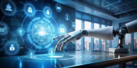 Fototapeta premium Robotic Hand Interacting with Futuristic Interface, Cyberpunk , AI , Technology , Future