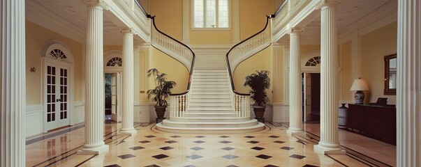 Classic Georgian with white columns and a grand staircase.
