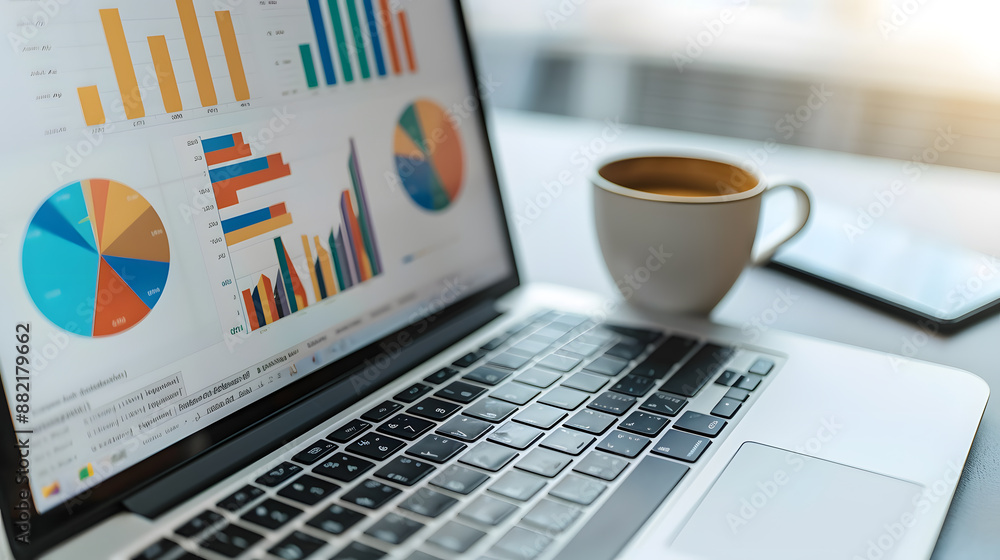 Poster open laptop displaying colorful business analytics and charts with a cup of coffee and tablet in the