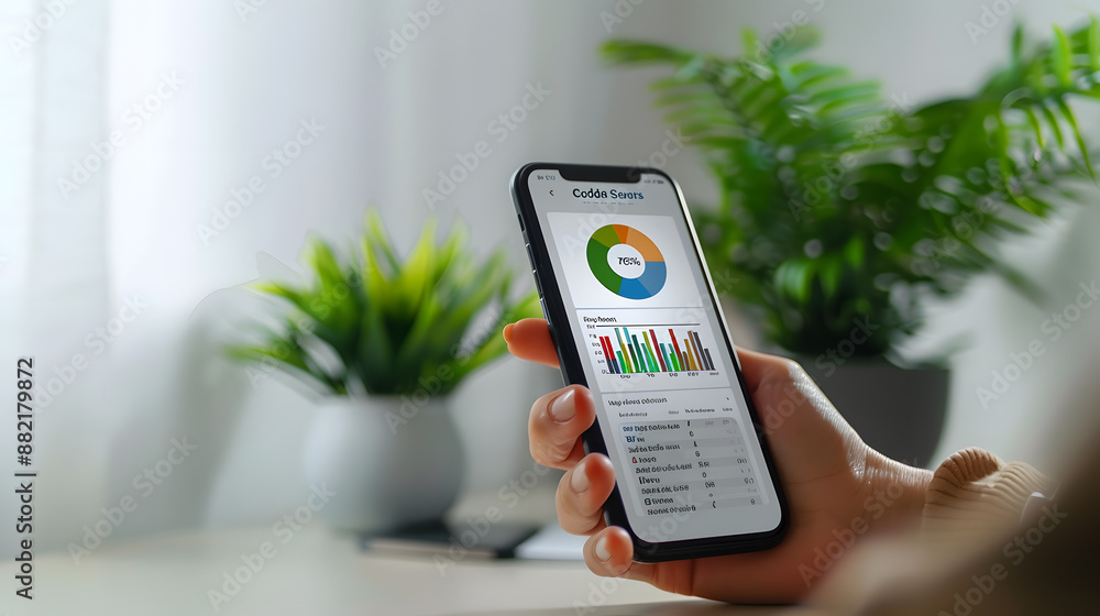 Poster person holding smartphone displaying business analytics graph with table and plants in the backgroun
