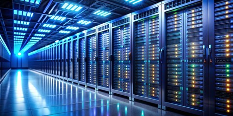 Server Room Corridor  Blue Lights, Data Center, Network Infrastructure, Digital Technology, Server Racks,  Data Storage,  Cybersecurity