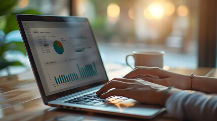 Person analyzing data on a laptop computer with graphs and charts, in a cozy work environment with sunlight coming through the window.