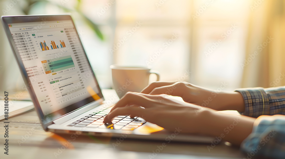 Poster person typing on a laptop with charts and data on screen, sunlight in the background, representing w