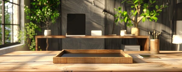 Rustic office with a blank wooden tray.