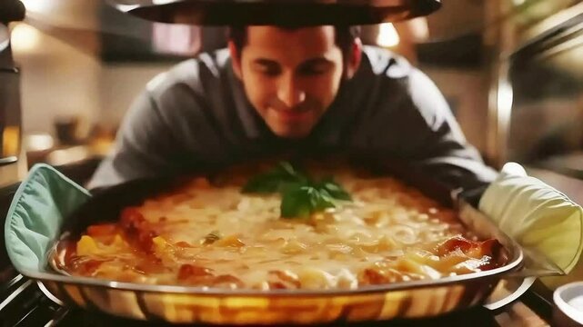 Delicious homemade lasagna being prepared in oven, National Lasagna Day celebration. seamless loop