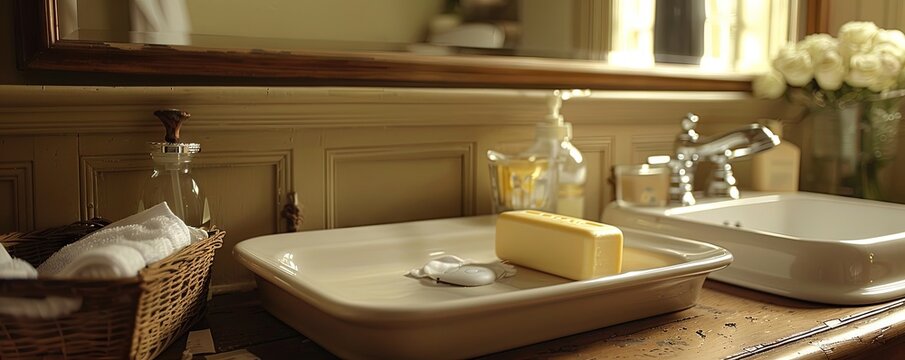 Traditional bathroom with an empty soap tray.