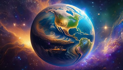 A view of earth from outer space to see the entire circle globe, beautiful galaxy nebula colors are in the background behind the earth 