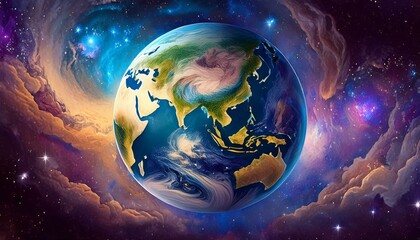 A view of earth from outer space to see the entire circle globe, beautiful galaxy nebula colors are in the background behind the earth 