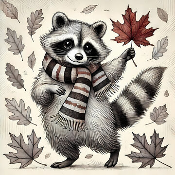 Cute Raccoon dacing with pumpkin