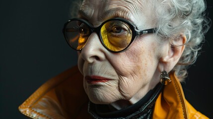 Close Up Portrait of a Senior Woman With Grey Hair Wearing Yellow Tinted Glasses and a Yellow Leather Jacket