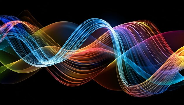 Abstract sound waves visualized as colorful pulsating ribbons on a black background 