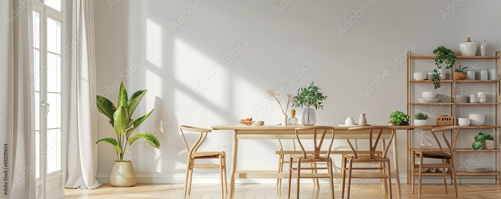 Poster minimalist dining room with an empty display rack.