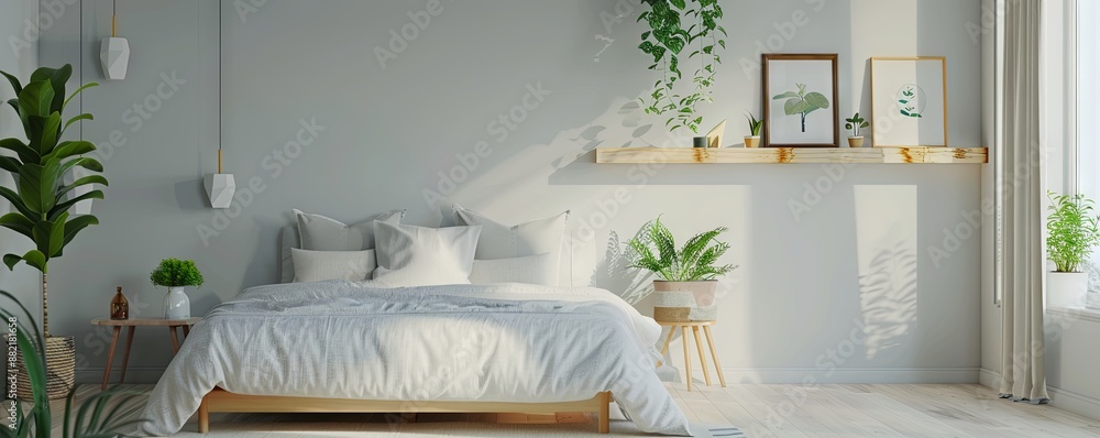 Poster modern bedroom with an empty display shelf.