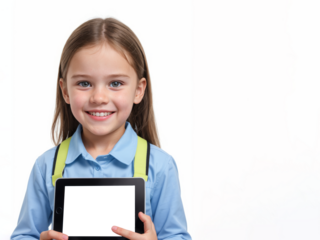 Young white cute little girl in blue shirt and green straps smiles, holding tablet with blank transparent screen on isolated background