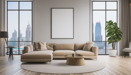 Blank white poster on the center of light wall in stylish living room with big beige sofa, cashmere carpet on wooden floor and city view from big window. 3D rendering, mock up