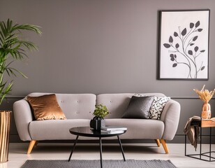 Empty wall mock up in a modern dark living room interior 