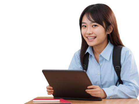 Transparent PNG young japanese girl student sits at desk, white teeth smiling, uses a tablet, isolated background
