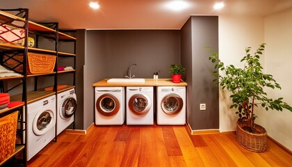Interior of a gray laundry room with a sink, two washing machines, a potted tree, and some shelving. a mockup. Generative AI 
