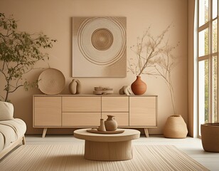Modern beige living room with mock up structural painting, created sculpture, beige wooden sideboard, and boho inspired personal items. Template