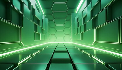 smooth flat Hexagonal green pattern, green background texture, neon glowing light between hexagons, 3d illustration, 3d rendering 