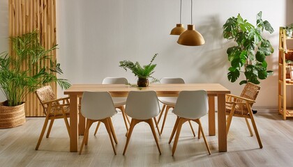 Fototapeta premium White dining room empty Scandinavian clean bright comfy wooden decor design. Generative AI 