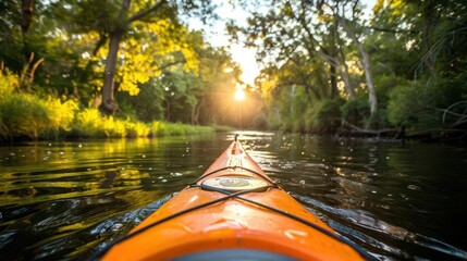 Fototapeta premium kayak going down a river with trees in the background