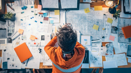 A creative person stands at the office, deeply thinking about schedule planning and strategy. The concept of innovation, organization, and effective business planning. Generative AI. 