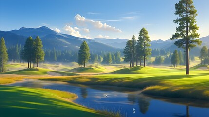 Serene Golf Course in Golden Hour Landscape with Manicured Fairway and Lush Hills