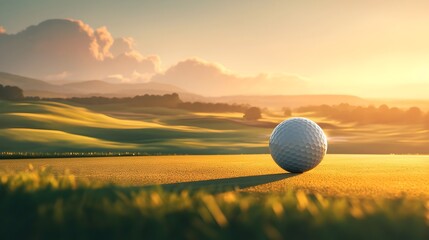 Solitary Golf Ball Poised on Tee with Scenic Countryside Landscape During Golden Hour with copy space for text