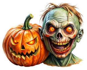 Ghastly zombie head with bulging eyes beside a glowing carved pumpkin, perfect for a terrifying Halloween display.

