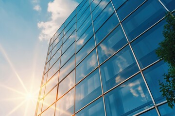 Obraz premium Modern office building with glass facade reflecting clouds and trees on sunny day