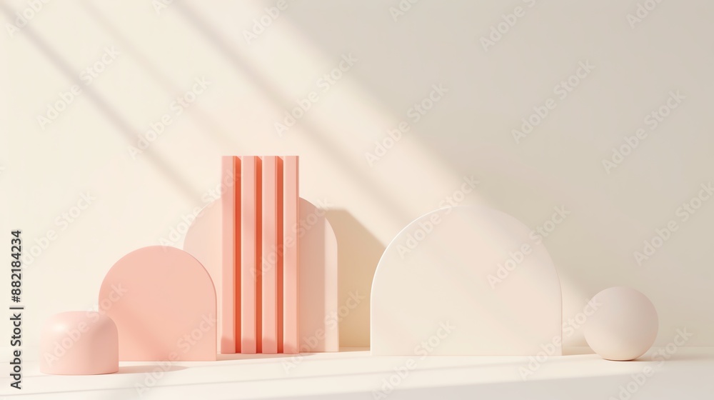 Poster minimalist scene with pastel geometric shapes and soft shadows on a white background. perfect for mo