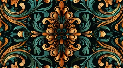 Fototapeta premium Ornate floral and swirling pattern featuring teal and gold colors