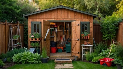 A tidy wooden garden shed with organized tools, surrounded by lush greenery, creating a serene backyard retreat perfect for gardening enthusiasts