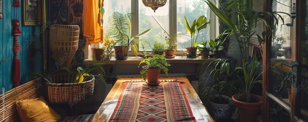 Poster bohemian dining room with an empty table runner.