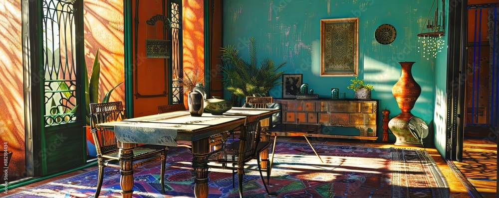 Poster bohemian dining room with an empty table centerpiece.