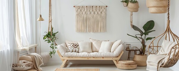 Bohemian living room with an empty macramÃ© frame.