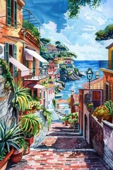 Fototapeta premium Narrow Street with Potted Plants
