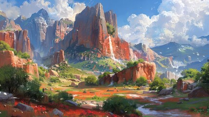 painting of a mountain landscape with a stream