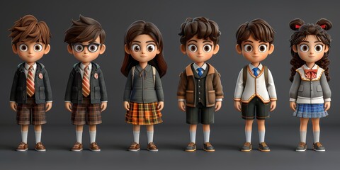 a group of animated children in school uniforms standing in a line