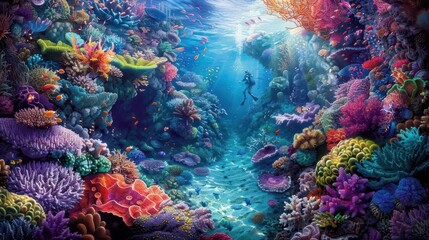 Fototapeta premium painting of a person swimming in a colorful coral reef