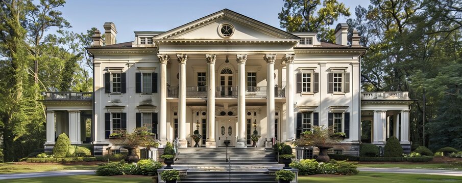 Classic Georgian with white columns and a grand staircase. - Powered by Adobe